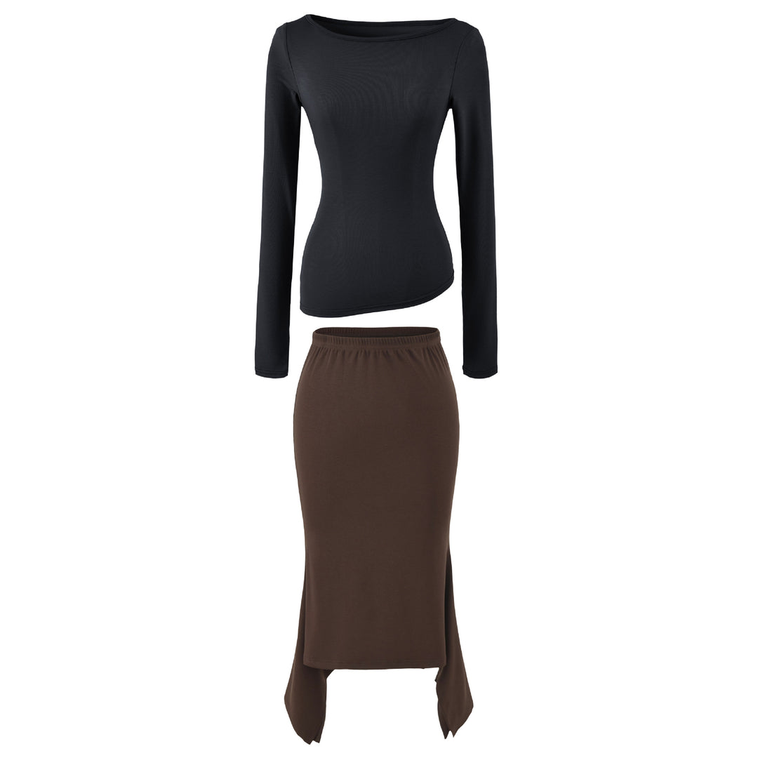 Women's Two-Piece Set with Fitted Long Sleeve Top and Maxi Skirt with Slit Mune Fashion