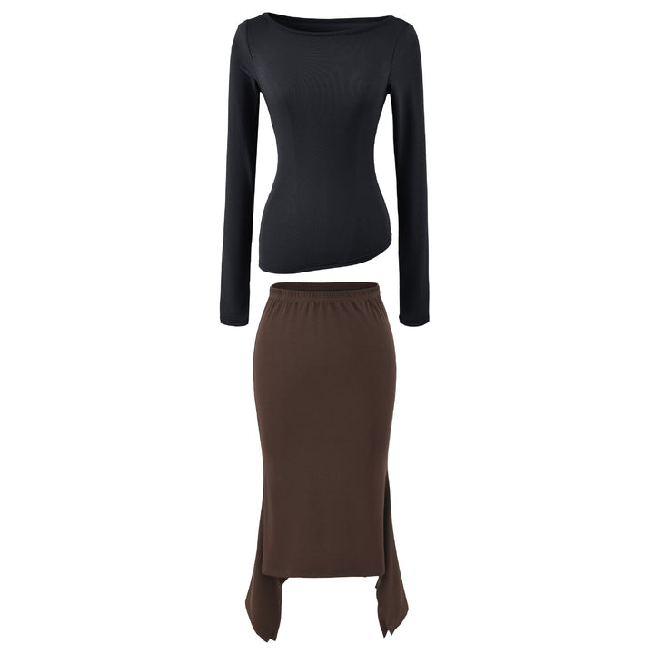 Women's Two-Piece Set with Fitted Long Sleeve Top and Maxi Skirt with Slit Mune Fashion