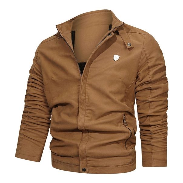 Men's Slim Fit Canvas Bomber with High Collar, Buckle Accent and Concealed Zipper Placket Mune Fashion