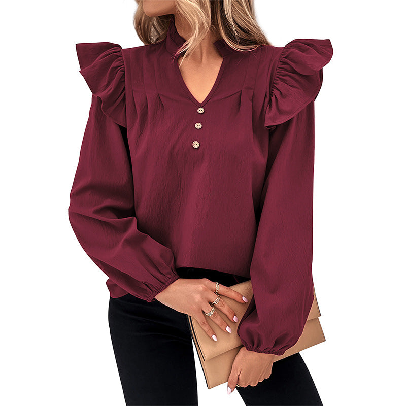 Women's Romantic Ruffled Blouse with Stand Collar, V-Neck and Balloon Sleeves Mune Fashion