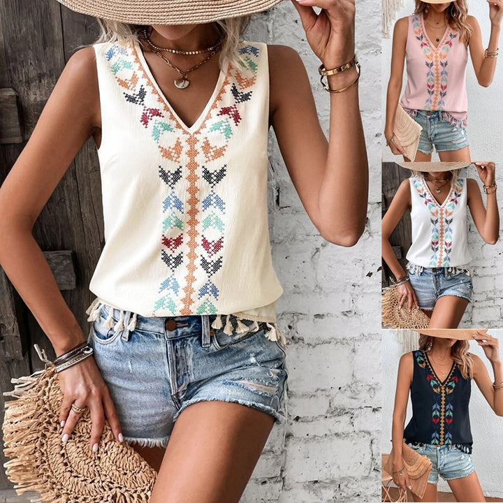 Women's Sleeveless Embroidery Top with V-Neck and Tassels Mune Fashion