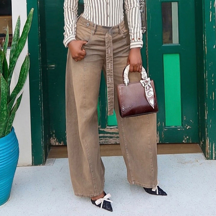 Women High-Waisted Wide Denim Pants with Wide Ties Mune Fashion