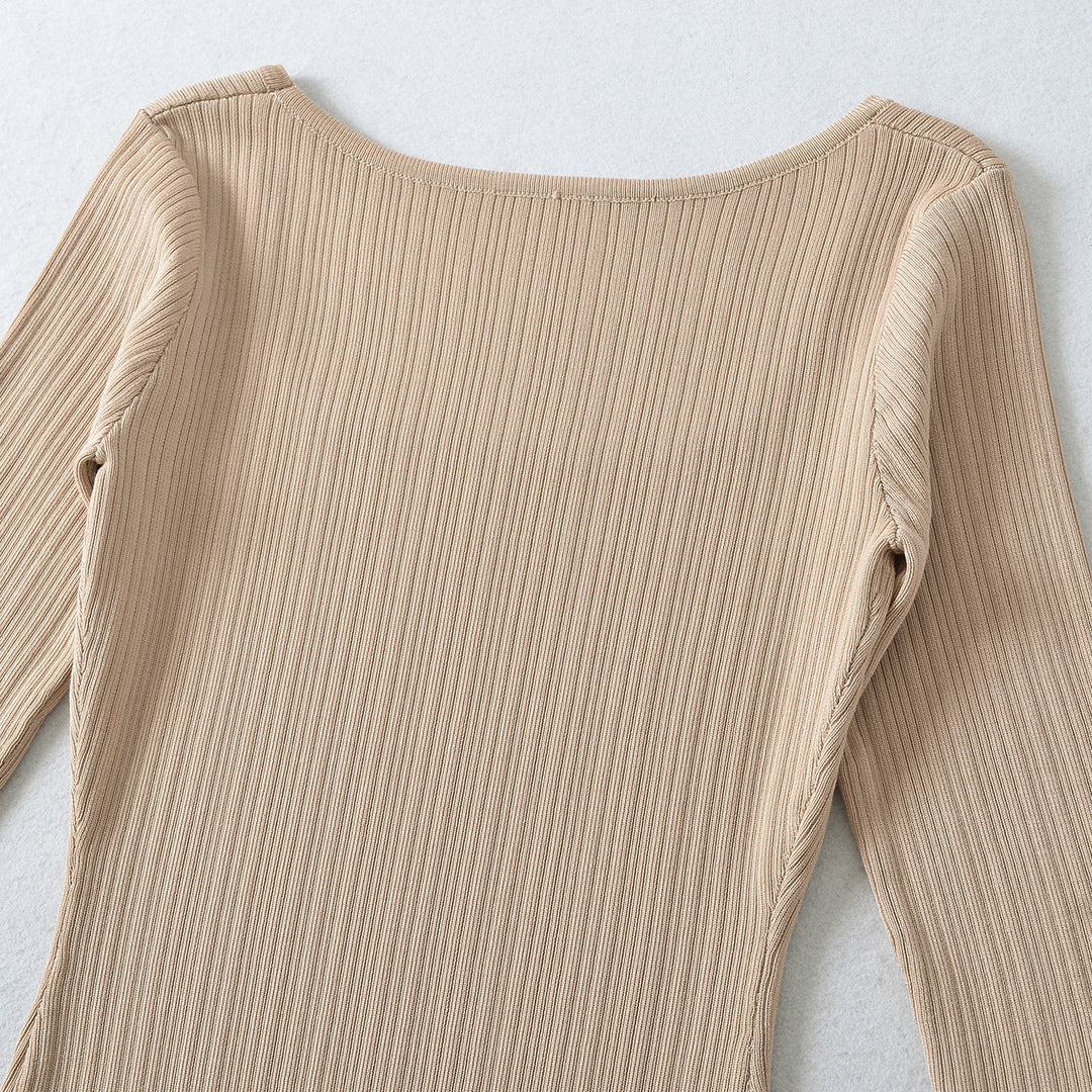 Women's Ribbed Midi Dress with Square Neckline and Three-Quarter Sleeves Mune Fashion