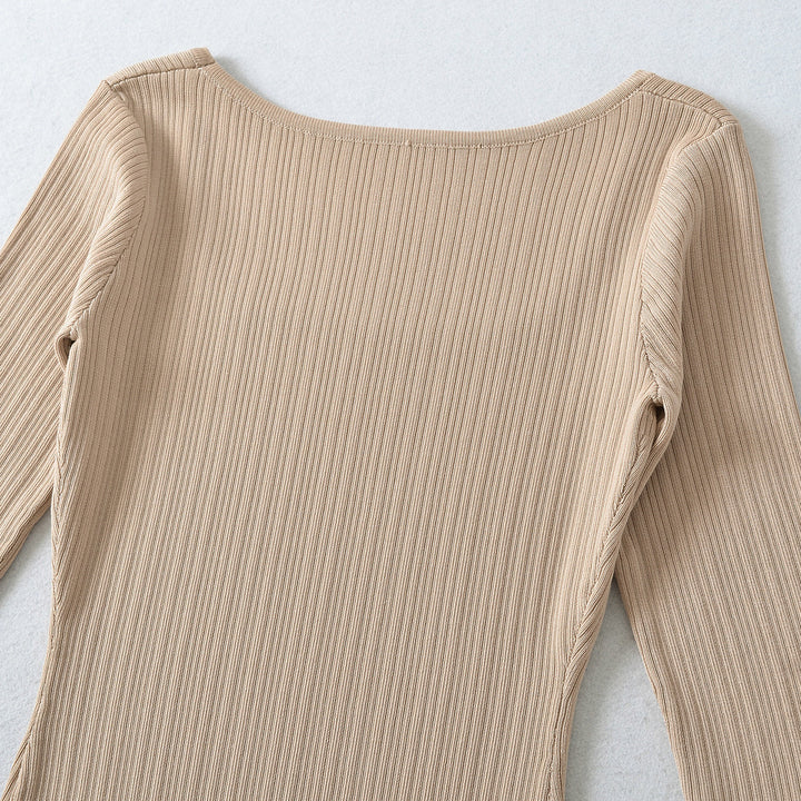 Women's Ribbed Midi Dress with Square Neckline and Three-Quarter Sleeves Mune Fashion