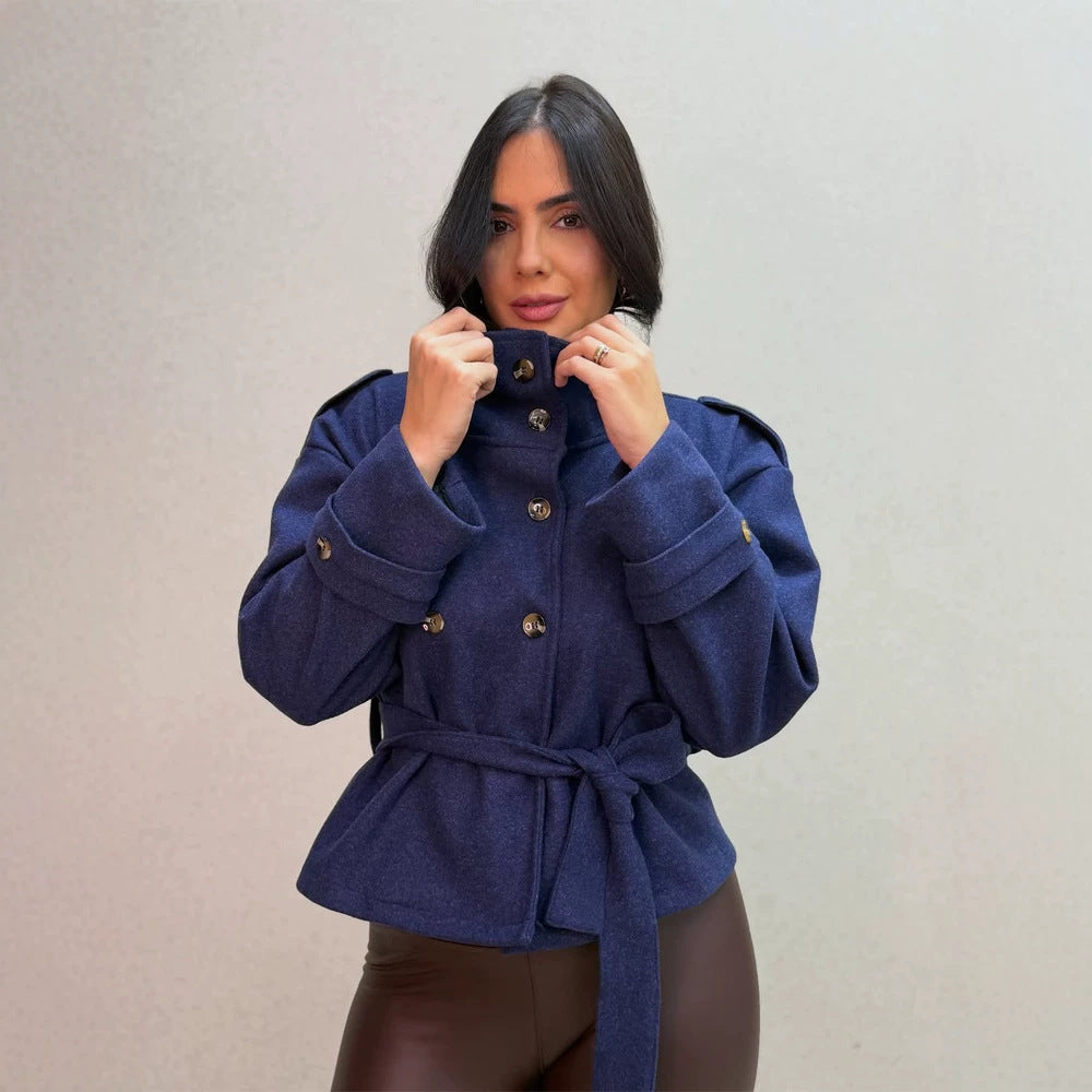 Women Short Double-Breasted Coat with Stand Collar and Tied Belt Mune Fashion