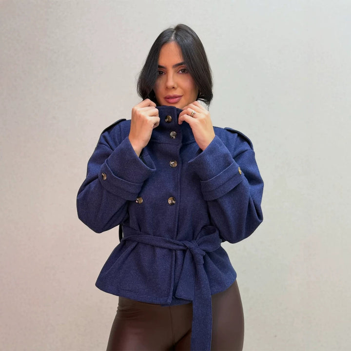 Women Short Double-Breasted Coat with Stand Collar and Tied Belt Mune Fashion
