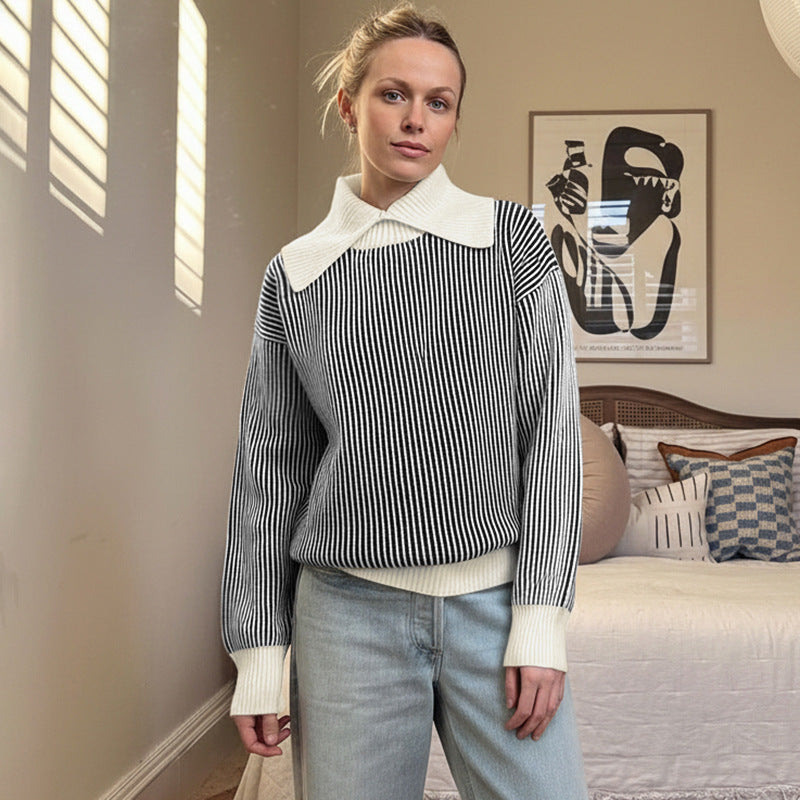 Women's Striped Knit Sweater with Oversized Contrast Collar Mune Fashion