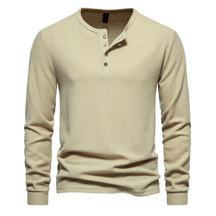 Men's Long Sleeve Henley Shirt with Textured Surface Pattern and Practical Button Details Mune