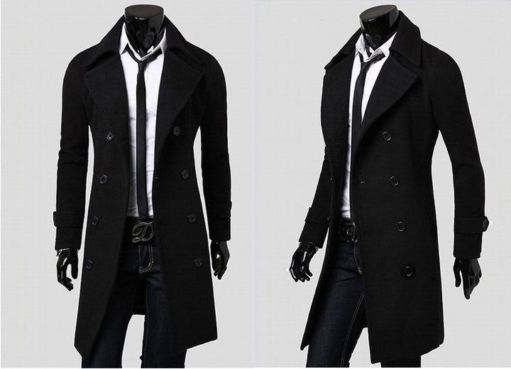 Men's tailored double-breasted trench coat made of wool blend with classic lapels and back vent Mune Fashion