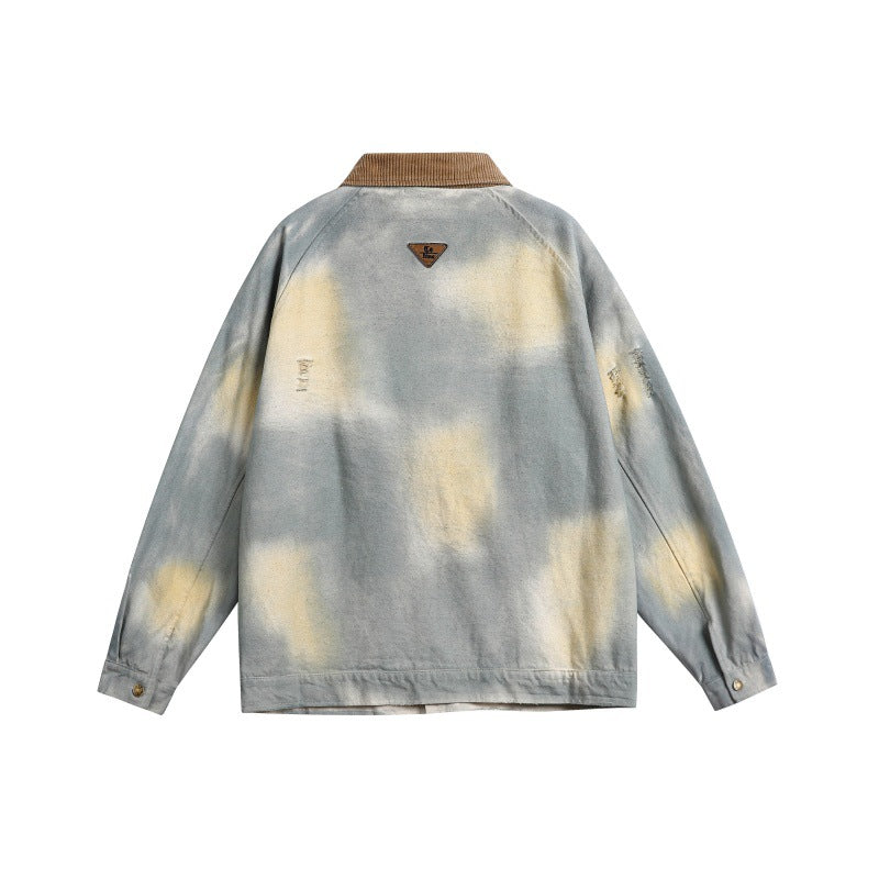 Men's Oversized Denim Jacket with Corduroy Collar and Tie-Dye Effect Mune Fashion