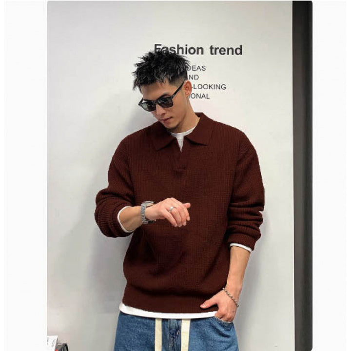 Men's Coarse Mesh Polo Collar Sweater with Concealed Half Placket and Ribbed Hem Mune Fashion