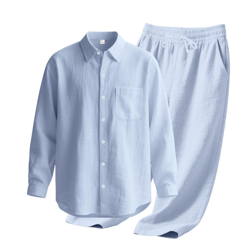 Men's light house suit made of cotton gauze with kent collar shirt, breast pocket and drawstring pants Mune Fashion