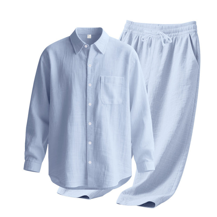 Men's light house suit made of cotton gauze with kent collar shirt, breast pocket and drawstring pants Mune Fashion