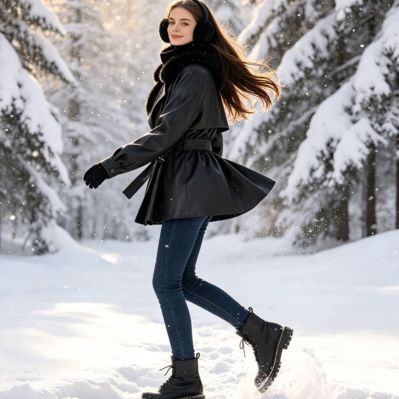 Ladies short coat made of faux leather with removable faux fur collar and waist belt Mune Fashion