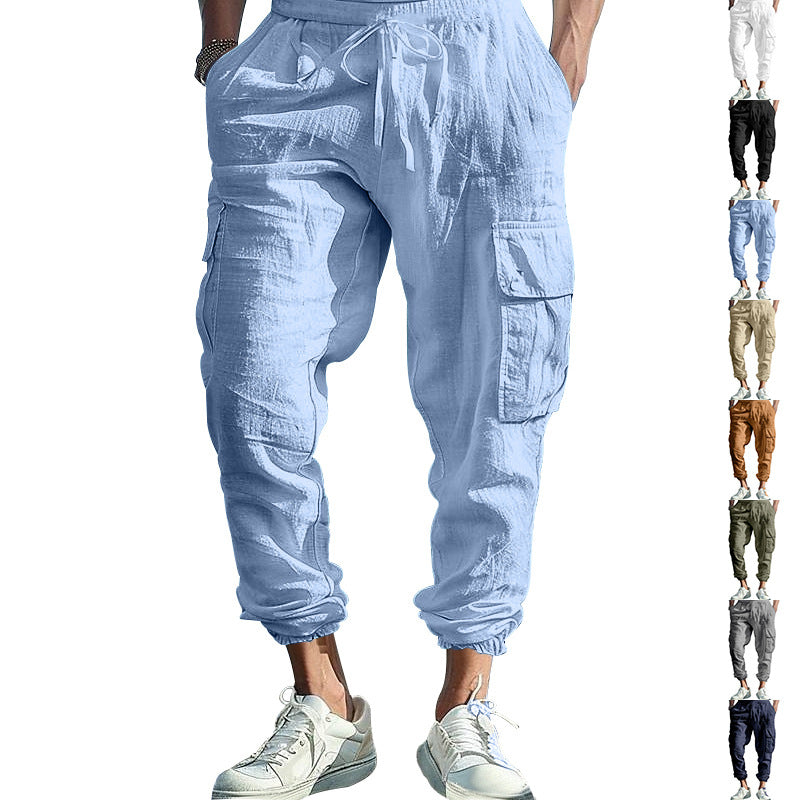 Men's Casual Linen Cargo Joggers with Drawstring Waist, Large Flap Pockets and Elastic Ankle Cuffs Mune Fashion