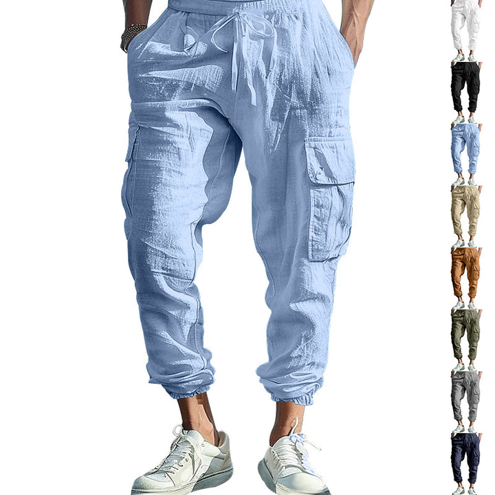 Men's Casual Linen Cargo Joggers with Drawstring Waist, Large Flap Pockets and Elastic Ankle Cuffs Mune Fashion