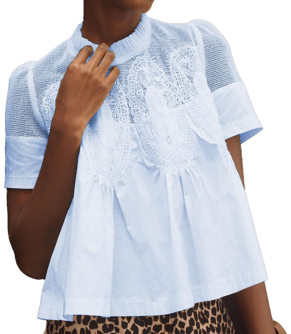 Ladies lace blouse top with stand-up collar, mesh insert and gathered A-line silhouette Mune Fashion