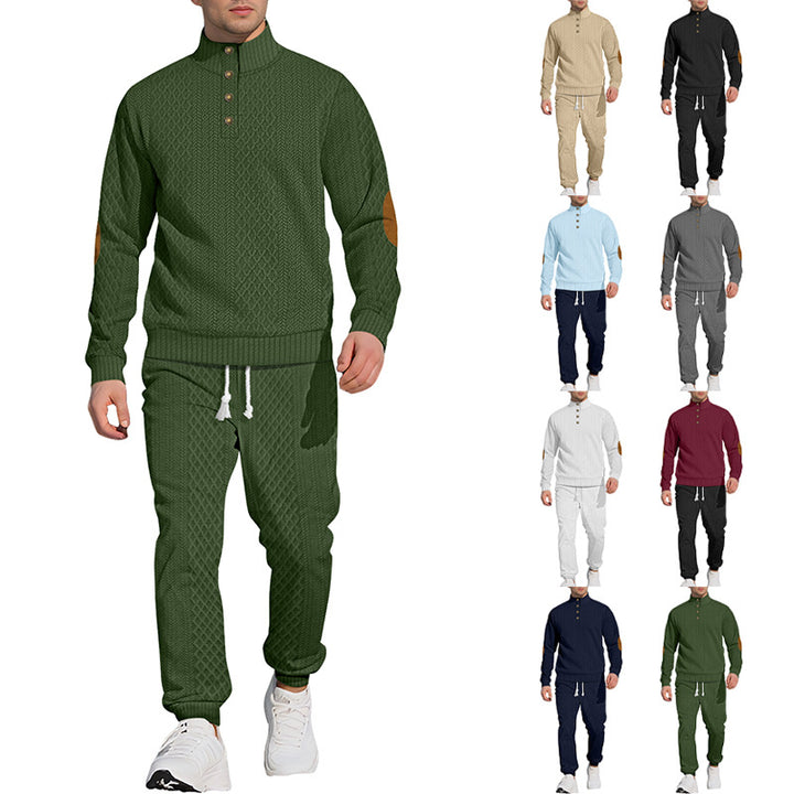 Men's patterned knit leisure set with half-button stand collar suede elbow patches and drawstring joggers Mune Fashion