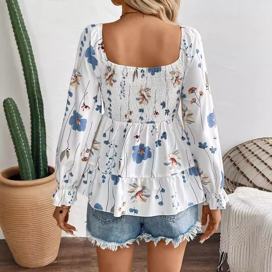 Women's nan smoke top with square neckline, tiered ruffle and balloon sleeves Mune Fashion