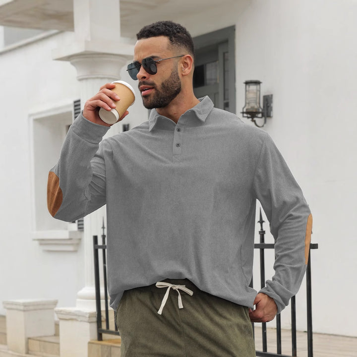 Men's nan legeres long sleeve polo shirt with shirt collar, short button placket, fine texture and velour elbow patches Mune Fashion