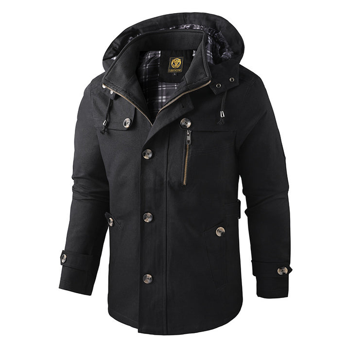 Men's hooded parka made of canvas with checked thermal lining, hidden zipper, and decorative button placket Mune Fashion