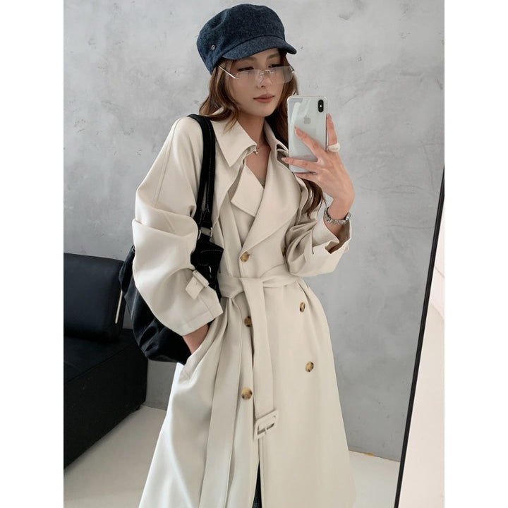 Women Boxy Midi Length Trench Coat with Soft Draping and Adjustable Cuffs Mune Fashion