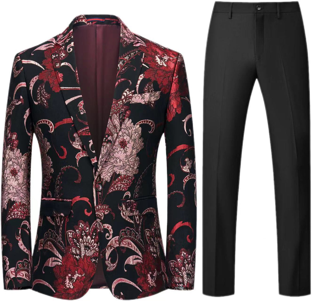 Women's Two-Piece Satin Jacquard Blazer with Floral Pattern and Tailored Fit as well as Slim Fit Suit Pants Mune Fashion