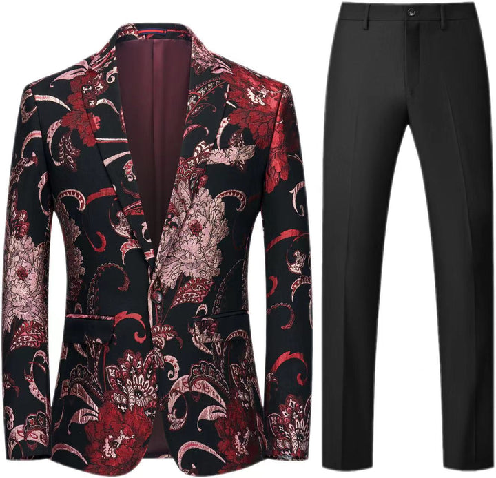 Women's Two-Piece Satin Jacquard Blazer with Floral Pattern and Tailored Fit as well as Slim Fit Suit Pants Mune Fashion