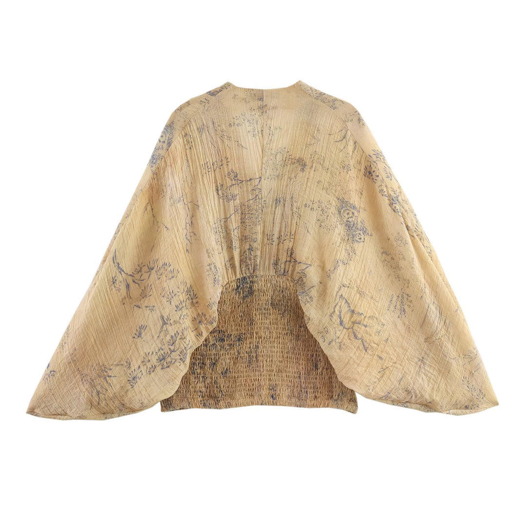 Women 1000+ lightweight Cropped Kimono Top with Smocked Waist and Deep V-Neck Mune Fashion