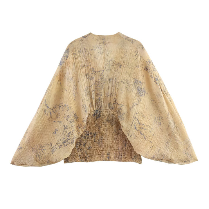 Women 1000+ lightweight Cropped Kimono Top with Smocked Waist and Deep V-Neck Mune Fashion
