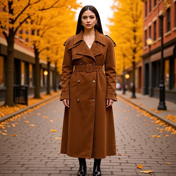 Women's Elegant Long Waist Trench Coat with Double-Breasted Button Placket and Flared Hem Mune Fashion