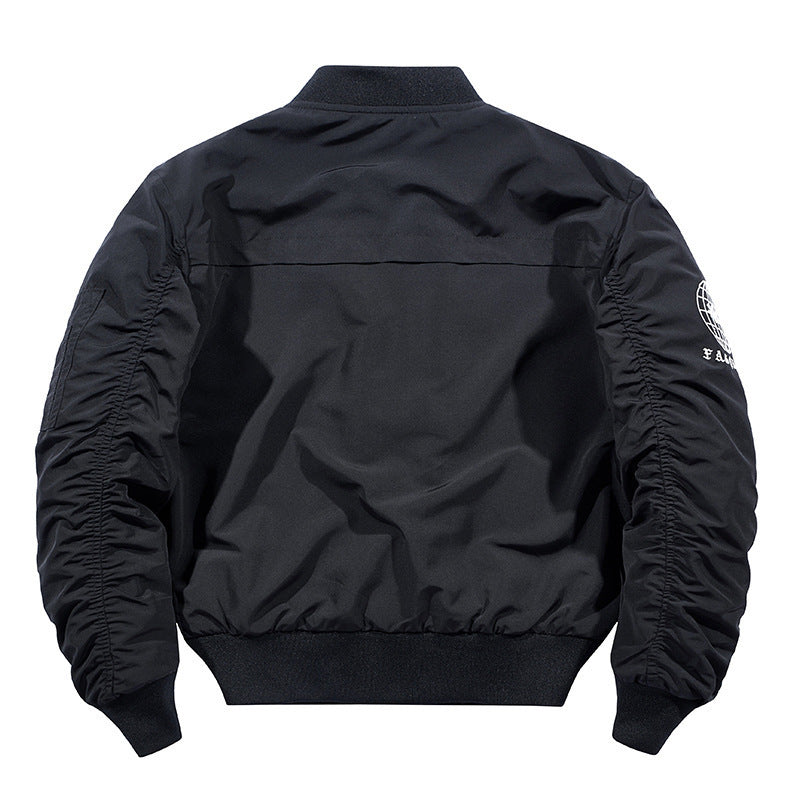 Men's modern nylon bomber jacket in pilot style with utility arm pocket and contrasting interior lining Mune Fashion