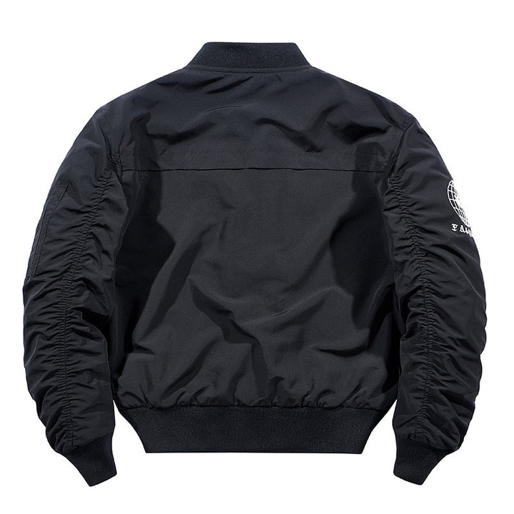 Men's modern nylon bomber jacket in pilot style with utility arm pocket and contrasting interior lining Mune Fashion