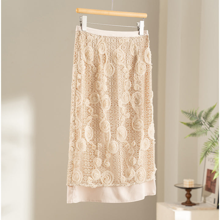 Women's lace midi skirt with floral crochet lace and opaque lining Mune Fashion