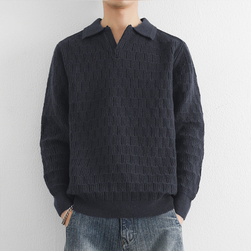 Men's fine knit polo sweater with textured knitting and open V-neck Mune Fashion