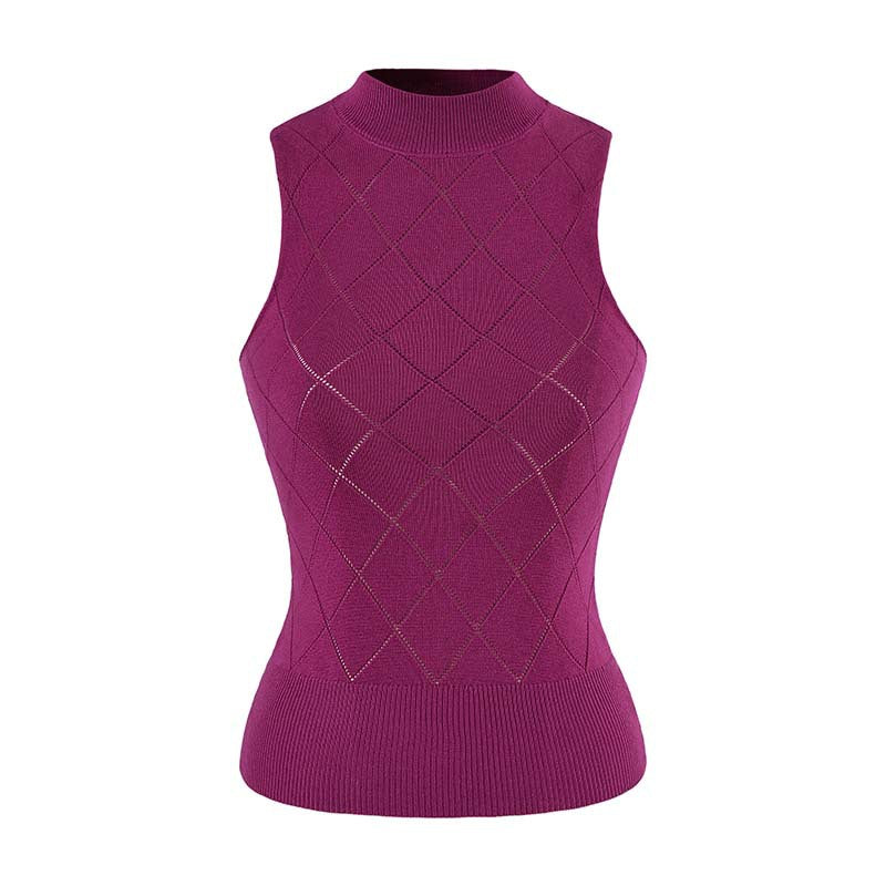 Women's Sleeveless Fine Knit Vest with Stand-Up Collar and Tailored Diamond Pattern Mune Fashion
