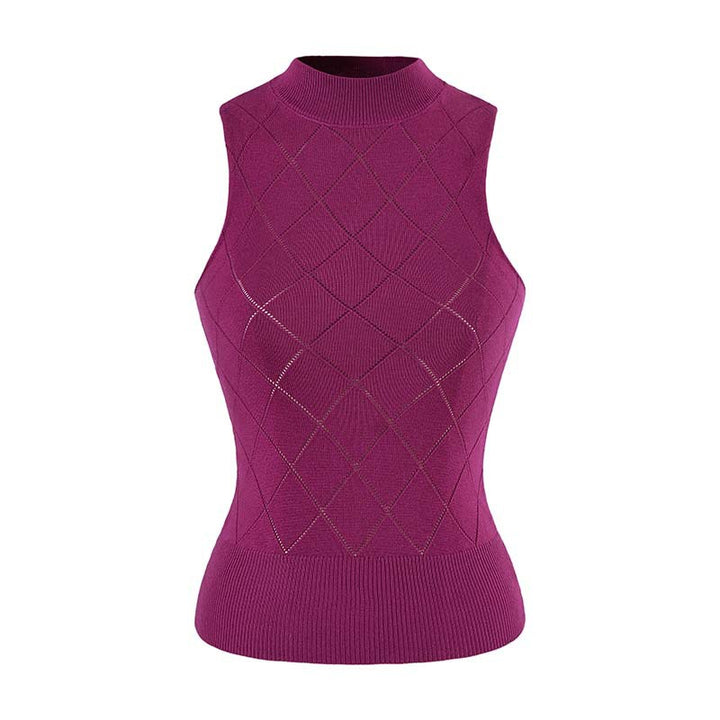 Women's Sleeveless Fine Knit Vest with Stand-Up Collar and Tailored Diamond Pattern Mune Fashion