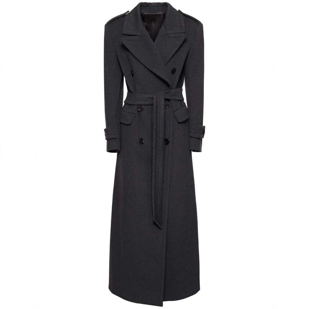 Women Long Double-Breasted Wool Coat with Waist Belt Mune Fashion