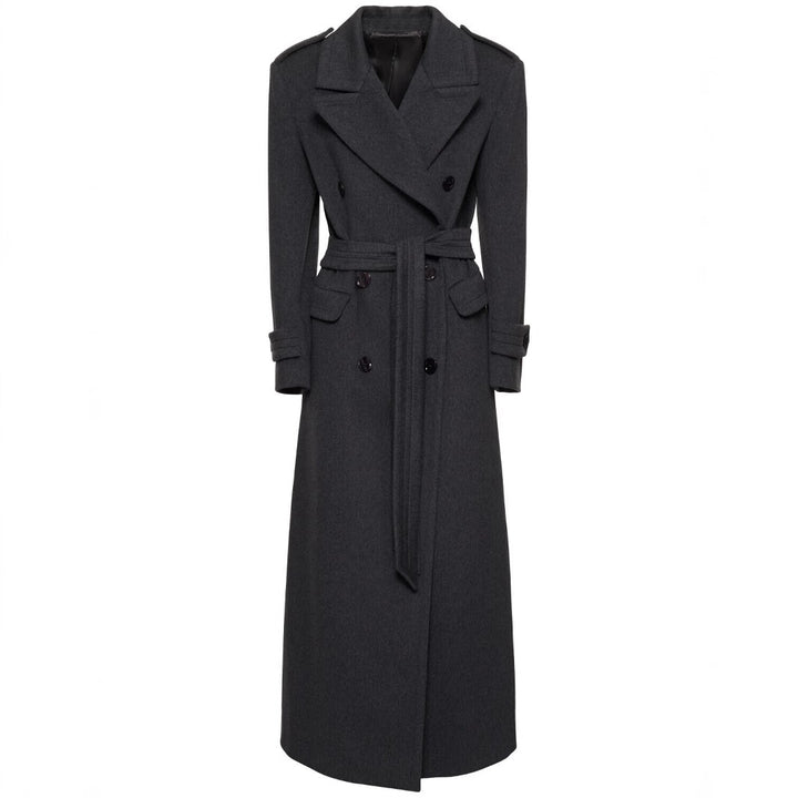 Women Long Double-Breasted Wool Coat with Waist Belt Mune Fashion