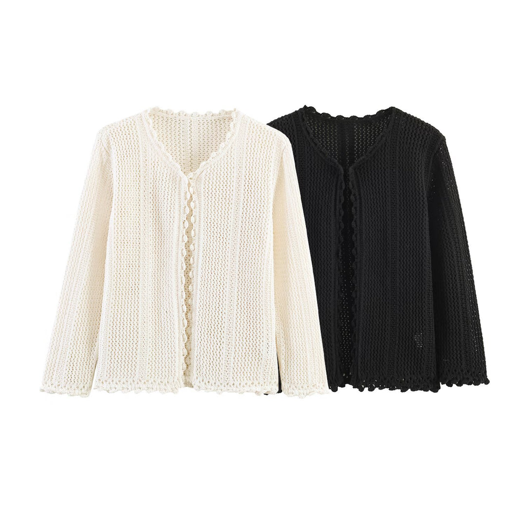 Women's Open Crochet Cardigan with V-Neck and Wave Edge Mune Fashion
