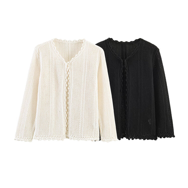 Women's Open Crochet Cardigan with V-Neck and Wave Edge Mune Fashion