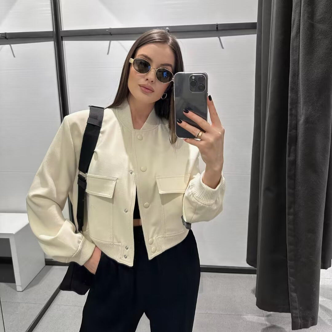 Women’s short-cut faux leather bomber jacket with patch flap pockets and ribbed hems Mune Fashion