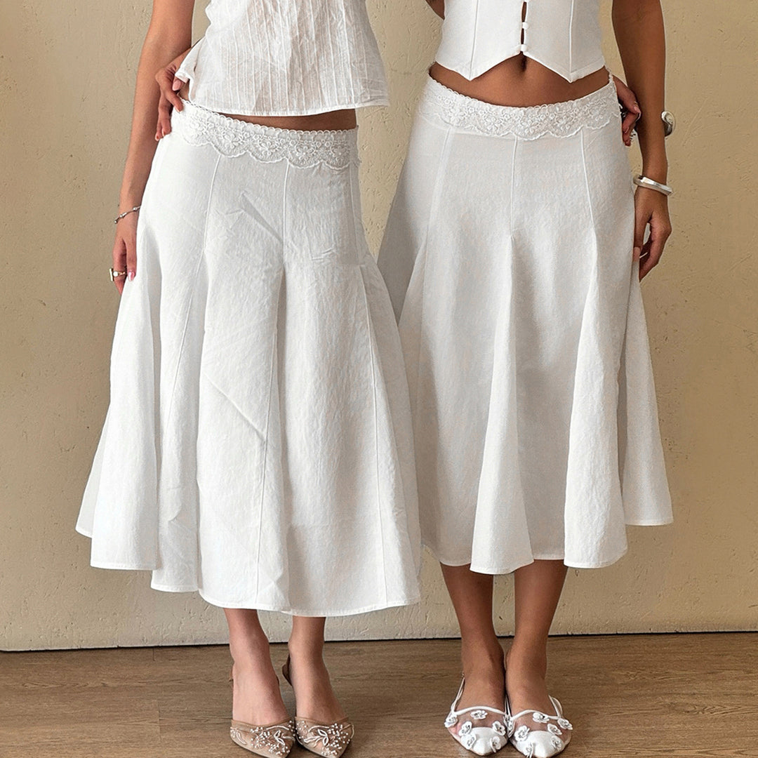 Women nan flared midi skirt with delicate lace waistband, tailored yoke and lightweight linen drape Mune Fashion