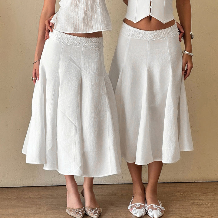 Women nan flared midi skirt with delicate lace waistband, tailored yoke and lightweight linen drape Mune Fashion