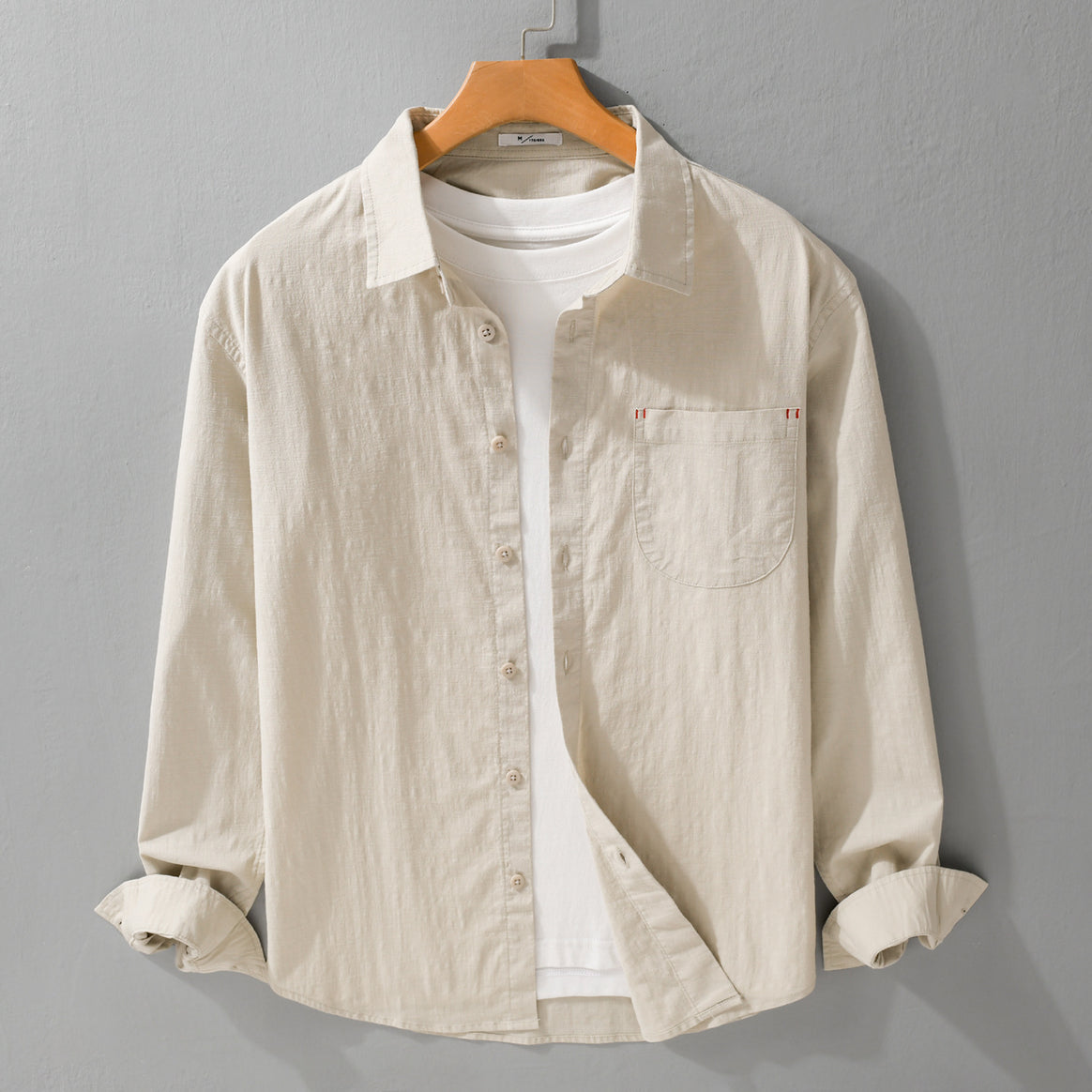 Men's layering shirt in overshirt style made of cotton-linen with Kent collar and applied round pocket Mune Fashion