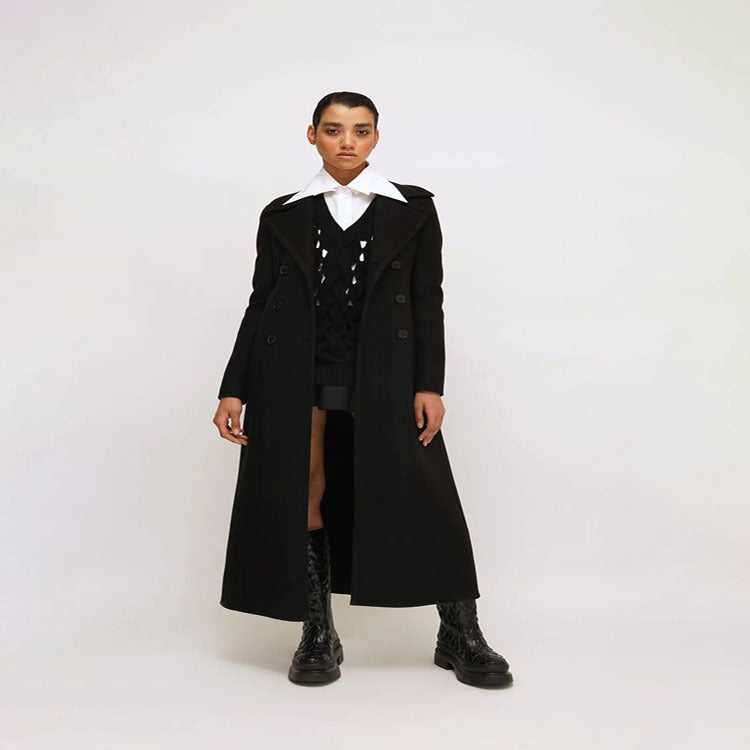 Women's Elegant Floor-Length Wool Blend Long Coat in Clean-Cut Double Breasted with Textured Shoulder Part Mune Fashion