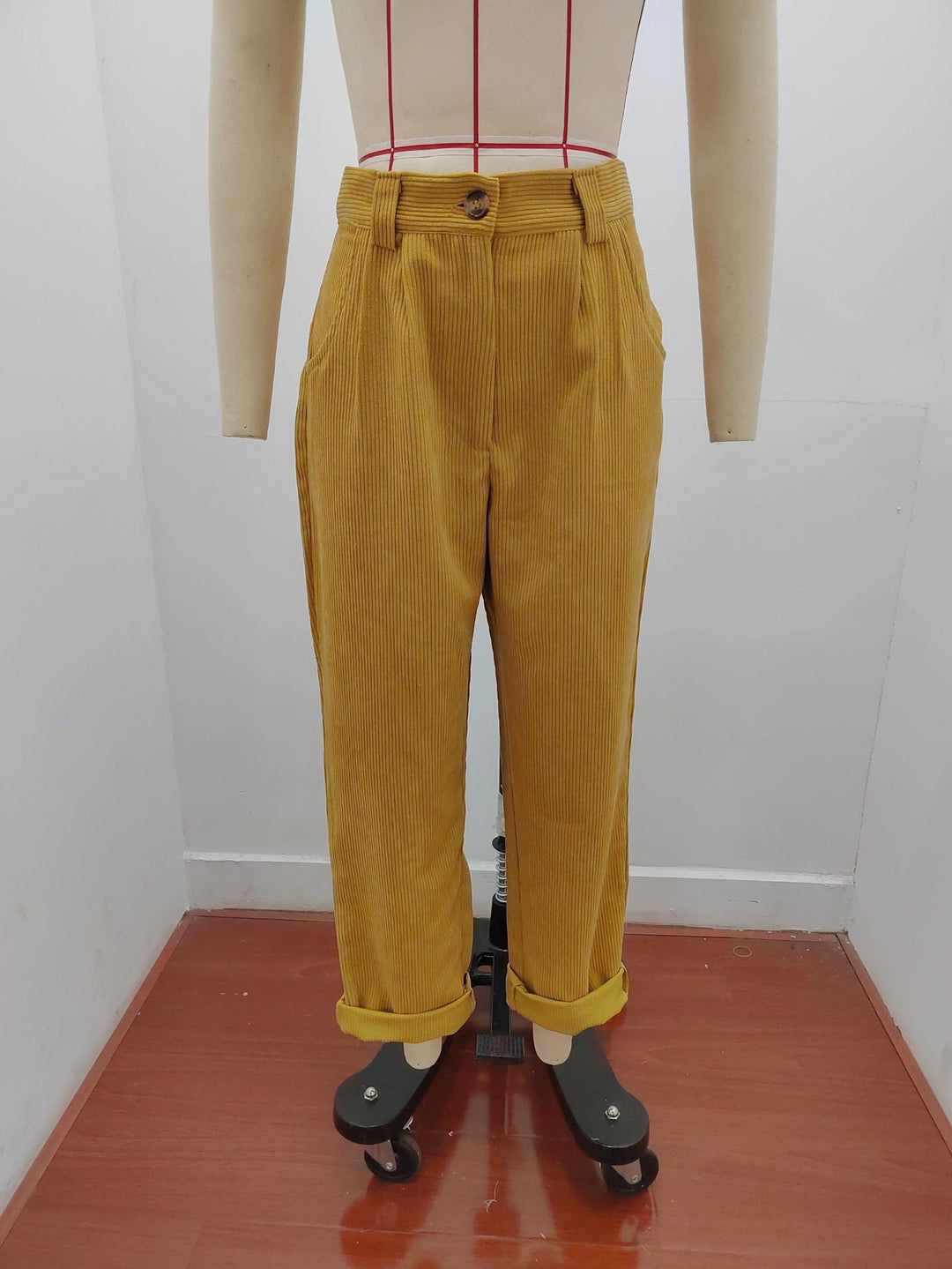 Women's soft wide corduroy pants with high waist, pleats, and turned-up hem Mune Fashion