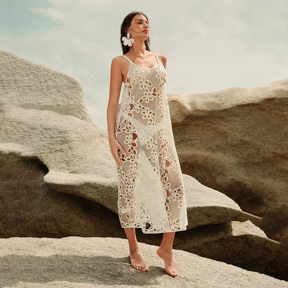 Women elegant transparent beach dress with floral crochet embellishments Mune Fashion