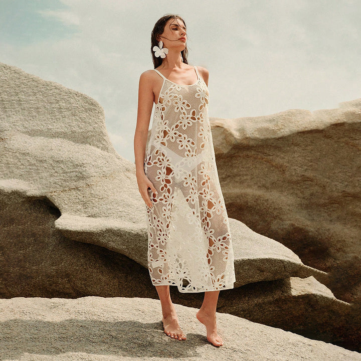 Women elegant transparent beach dress with floral crochet embellishments Mune Fashion