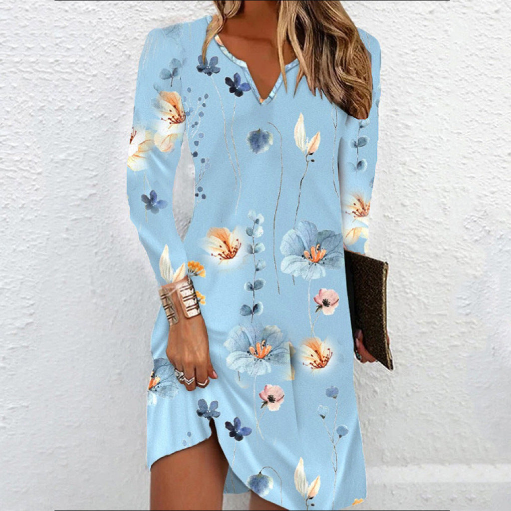 Women’s Floral V-Neck Midi Dress with Asymmetrical Hem and Long Sleeve Mune Fashion